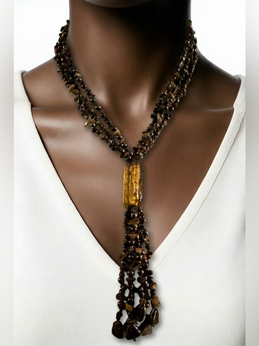 Vintage Tiger’s Eye & Gold Foil Statement Tassel Necklace